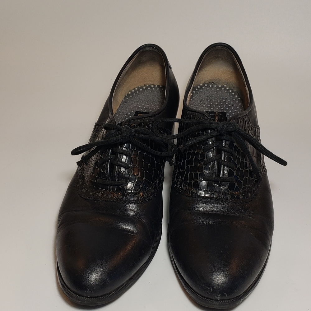 BUMU Brand Handmade Real Leather Heeled Black Oxford Saddle Shoes 7.5 8